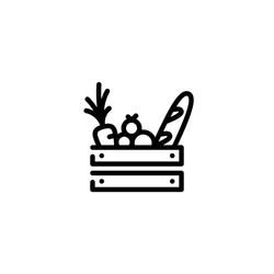 Vector food wooden box icon template. Line grocery logo background with organic fruits and vegetables. Farmers market wood crate illustration. Healthy natural product design concept
