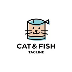 Cat and fish logo design template. Modern pet logotype, sign and symbol. Creative linear illustration for veterinary clinic, pet food, brand, etc. Animal face label isolated on background