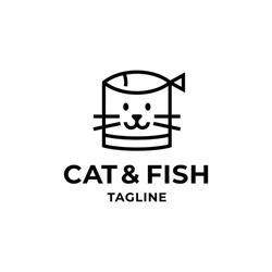 Cat and fish logo design template. Outline pet logotype, sign and symbol. Animal face label isolated on background. Graphic illustration for veterinary clinic, pet food, brand, etc