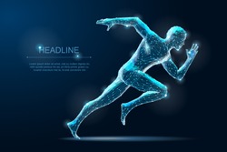 Running man. Geometry sprinter. Polygonal Wireframe 3D model blueprind with Dots. Vector Illustration