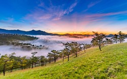 Amazing sunrise at Golden Hill , Golden Valley in Da Lat City, Famous View In Da Lat City Da Lat is highland city fog in the morning. Da Lat is one of the beautiful and the famous city in Viet Nam.