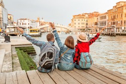 Group of Tourists at Venice canal, Travel and vacation for friends in Italy and Europe concept