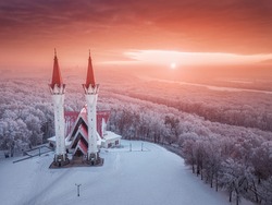 Aerial drone view of the famous landmark of Ufa and Bashkiria - Lala Tulip mosque during sunset in winter season. Islamic religion and muslim culture in Russia concept