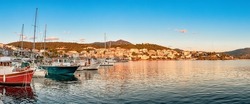 Wide panorama of a resort town Neos Marmaras in Halkidiki, Sithonia. Travel destinations and real estate in Greece