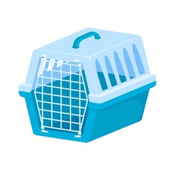 Pet carrier. Plastic carrying case for traveling with pets or visiting veterinarian. Animal transportation box or kennel. Flat style vector