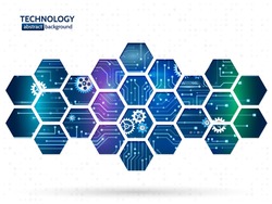 Abstract technology background with hexagons and gear wheels. Hi-tech circuit board vector illustration