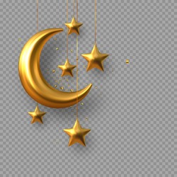 3d golden reflective crescent moons with hanging stars and confetti. Decorative vector elements for Muslim holidays. Isolated on transparent background.