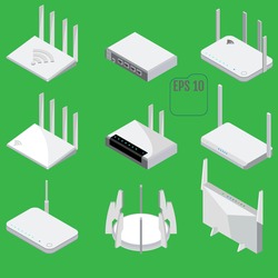 Router isometric icons set. Vector