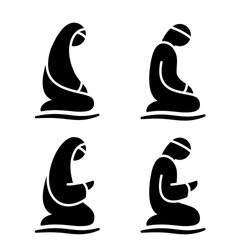 Muslim man and woman making a supplication (salah, namaz) while sitting on a praying rug. Silhouette icon set includes 4 versions islamic prayer in different pose. Vector illustration.