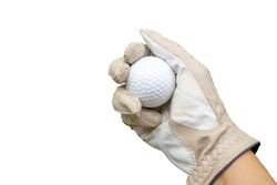 Hand is holding golf ball.