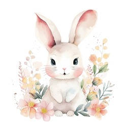 Cutie rabbit surrounded by flowers watercolor paint