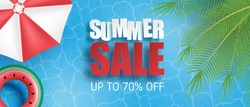 Summer sale banner or poster. Swimming pool with palm, umbrella, swim ring from Top view. Shopping promotion template for summer season.