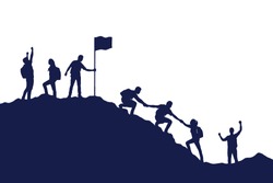 Silhouette group of people helping each other hike up  a mountain on white background. Business, success, leadership, achievement and goal concept. Vector illustration.