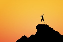 Silhouette of young man jumping and arm up on top of mountain, sky and sun light background. Business, success, leadership, achievement and people concept. Vector illustration.