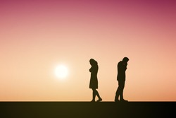 Silhouettes of couple man and woman broken heart or break up relationship. In nature sunset. Love concept. Eps10 Vector illustration.