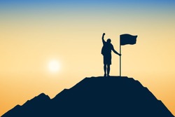 Silhouette of achievement or young man and flag on top mountain, sky and sun light background. Business, success, leadership and goal concept.