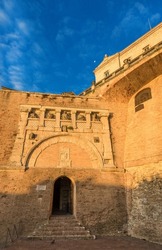 Porta Marzia Gate at the entrance of Rocca Paolina fortress ruins in Perugia, now the public underground passage to the upper city