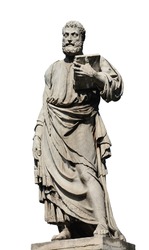 Saint Peter holding the key of heaven statue on Holy Angel Bridge in Rome, made in the 17th century by sculptor Lorenzetto (isolated on white background)