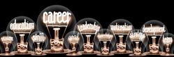 Large group of light bulbs with shining fibers in a shape of Career, Leadership, Motivation, Education and Development concept related words isolated on black background