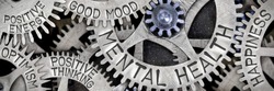Macro photo of tooth wheel mechanism with MENTAL HEALTH, HAPPINESS, GOOD MOOD, POSITIVE THINKING, POSITIVE ENERGY and OPTIMISM letters imprinted on metal surface