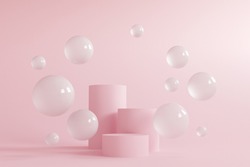 Abstract minimal scene with geometrical forms. Cylinder podiums in cream pink colors. Abstract background. Scene to show cosmetic podructs. Showcase, display case. 3d render.
