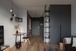 Stylish micro apartment for one, with living room open to home office and kitchen in corridor