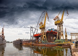 Dramatic scenery of the shipyards in Gdansk, Poland.