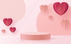 3d Background products for valentine’s day podium in love platform. heart background vector 3d with cylinder. podium stand to show cosmetic product with craft style on background.  
