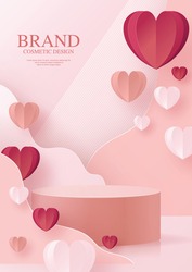 3d Background products for valentine’s day podium in love platform. heart background vector 3d with cylinder. podium stand to show cosmetic product with craft style on background.
