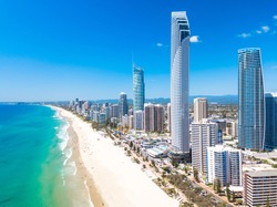 Surfers Paradise aerial view on a clear day on the Gold Coast with blue water