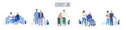 Elderly care. Old people. Aged seniors nurse care. Seniors. Vector