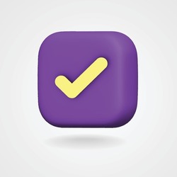3d Isolated Check Mark Icon. Yellow Select Agree on Purple Checkbox with Shadow. Vector Illustration.