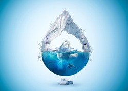 Concept design for Global warming and preserving life on Earth. The glacier melting and endangering the wildlife. Photo manipulation in the form of a water drop 