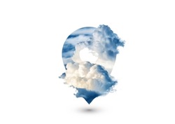 Clouds forming a location pin symbol. Photo manipulation. Concept design for themes like destination, travel, location and more. On white background 