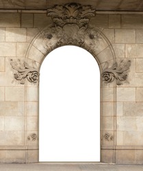 Elements of architectural decoration of buildings, doorways and arches, columns, plaster patterns and stucco molding. On the streets in Barcelona, ​​public places.