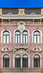 Elements of architectural decoration of buildings, windows and frames, arches and balustrades, stucco molding. On the streets in Georgia, public places.