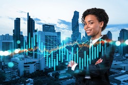 Successful smiling attractive black woman trader suggesting a new strategy of investment in stocks to grow client income. Woman in business concept. Forex chart. Bangkok. Double exposure.