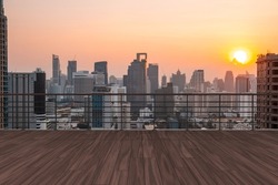 Panoramic Bangkok skyline view, wooden observatory deck on rooftop, sunset. Luxury Asian corporate and residential lifestyle. Financial city downtown, real estate. Product display mockup empty roof