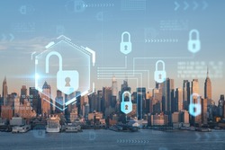 New York City skyline from New Jersey over Hudson River, Midtown Manhattan skyscrapers at sunset, USA. The concept of cyber security to protect confidential information, padlock hologram