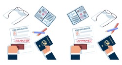 Visa application rejected and approved stamp. Passport in hand vector cartoon top view illustration isolated on a white background.