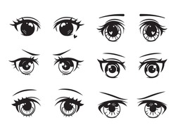 Set of cute anime eyes. Collection of different cartoon eyes with heart. Kawaii style. Japanese face of male and female characters. Vector illustration on white background. 
