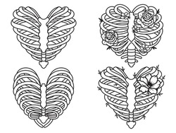 Set of human ribs with flower. Collection of people heart rib cage. Bones with floral wreath. Human anatomy. Vector illustration of floral ribs isolated on white background.