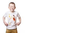 Boy in dirty t-shirt from eating isolated on white background