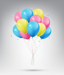 Flying Realistic Glossy Blue, Pink and Yellow Balloons with Party and Celebration concept on white background