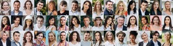 A lot of happy people, Portraits of group headshots in collage mosaic collection. Many smiling multicultural faces looking at camera. Human resource society database concept.
