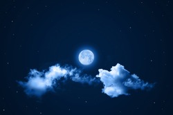 Fullmoon with white clouds and stars in night light filtered in blue tone