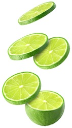 Isolated flying limes. Falling sliced lime fruit isolated on white background with clipping path