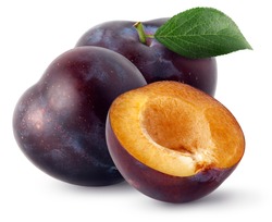 Isolated plums. Two whole and a half of blue plum fruit isolated on white background, with clipping path