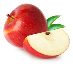 Isolated apples. Whole red apple fruit with slice (cut) with leaves isolated on white with clipping path