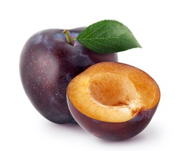 Isolated plums. Whole and a half of blue plum fruit isolated on white background, with clipping path
